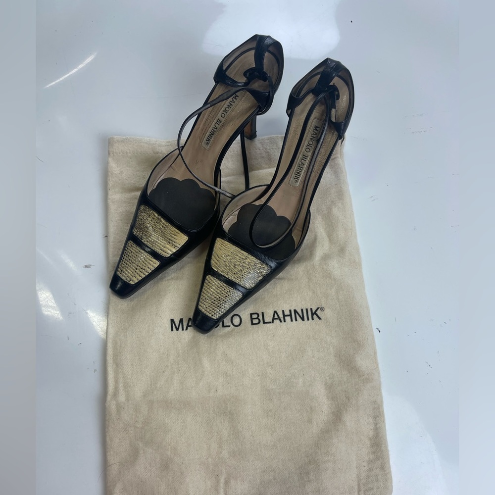 Manolo Blahnik Black and Gold Pointed Toe Slingback Heels